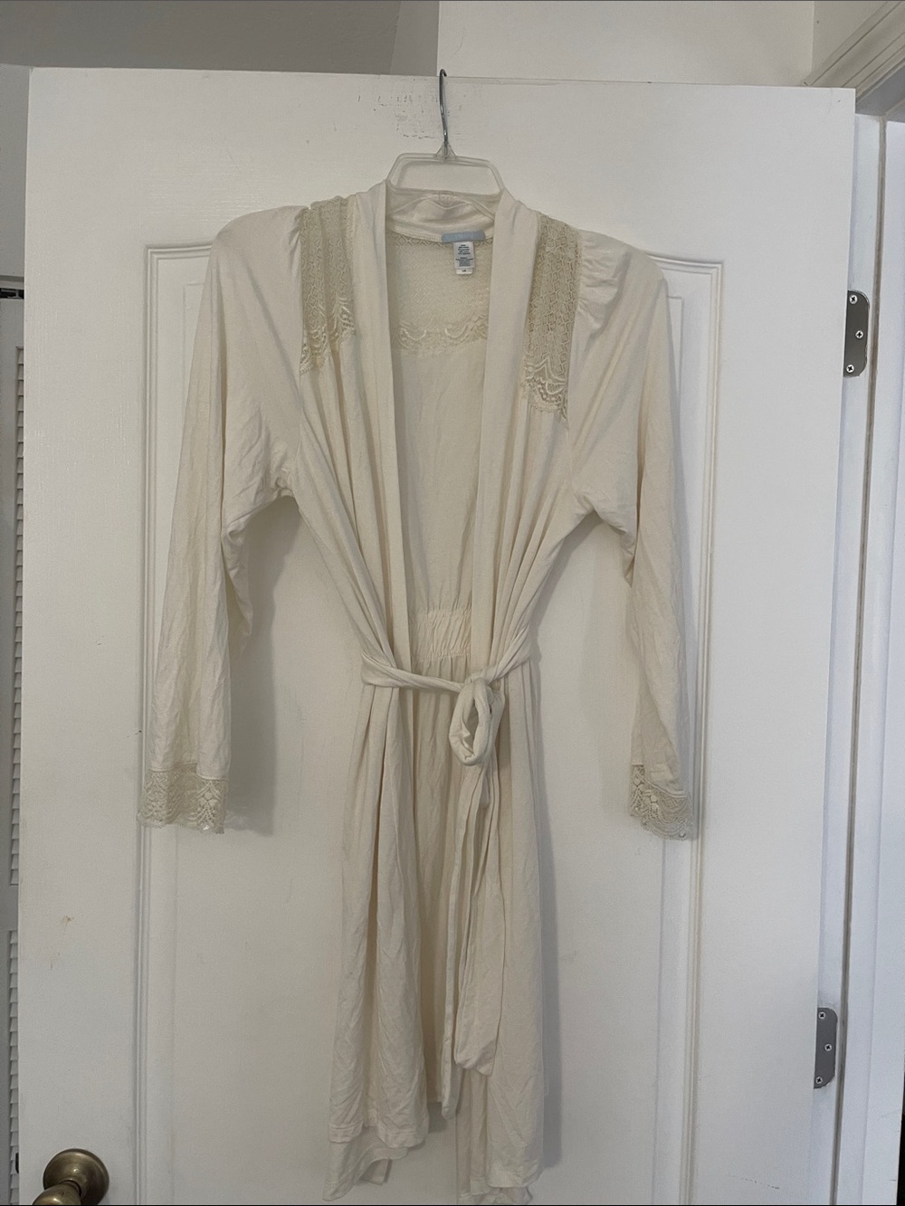Eberjey Cream Lace-Trim Long Robe with Tie Waist